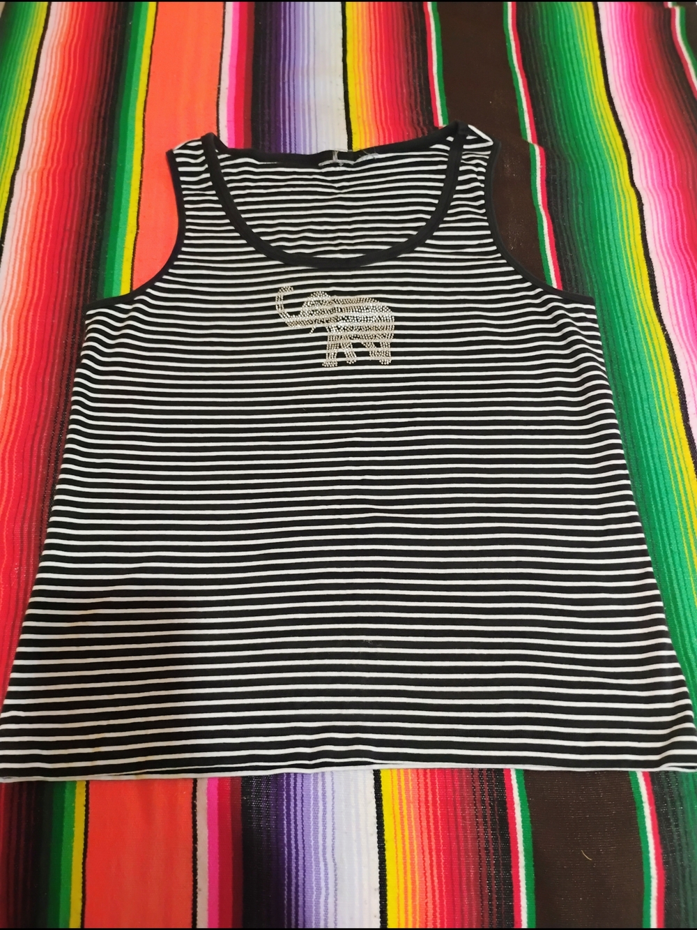 Black & White Striped Tank Top with Elephant Accent